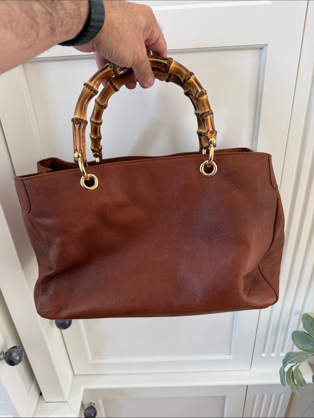 Mark & Graham Chestnut Brown Leather Tote with Bamboo Handles